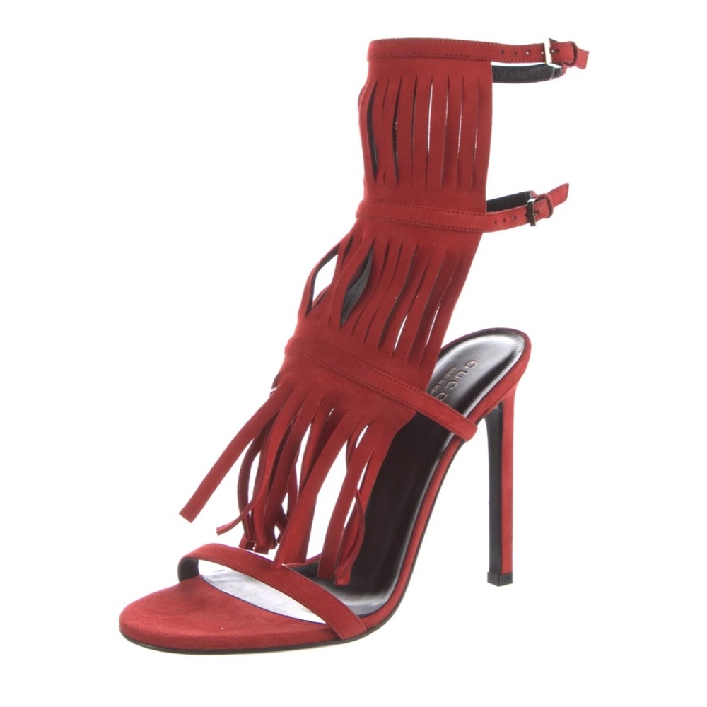 GUCCI Red Suede Fringe Trim Accent Gladiator Sandals